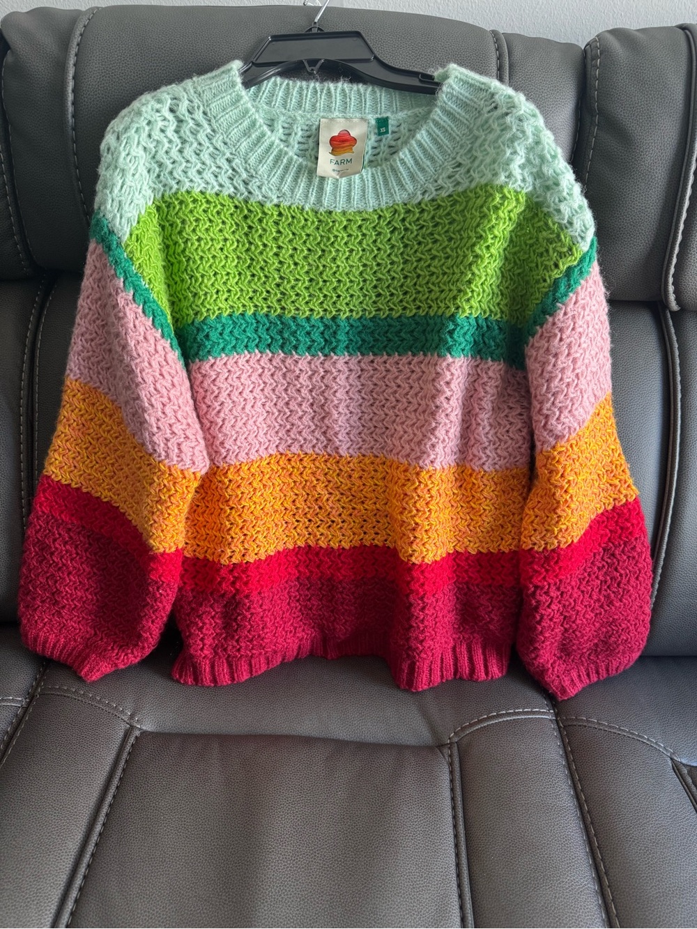FARM Rio Striped Knit Crewneck Sweater in Mint, Lime, Pink, Yellow & Red